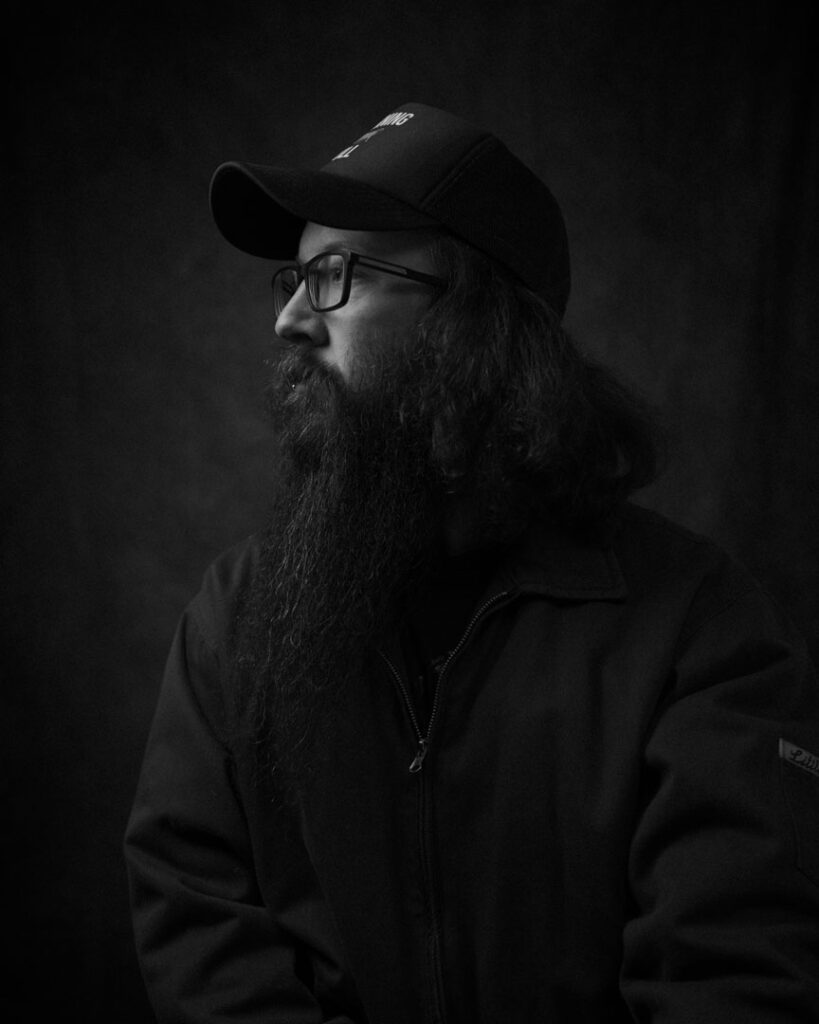 black and white self portrait in the studio of Steve Taylor-Madin aka gorak photo