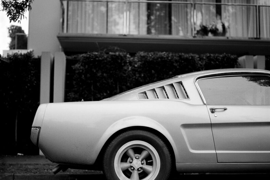 classic ford mustang on ilford HP5 black and white film