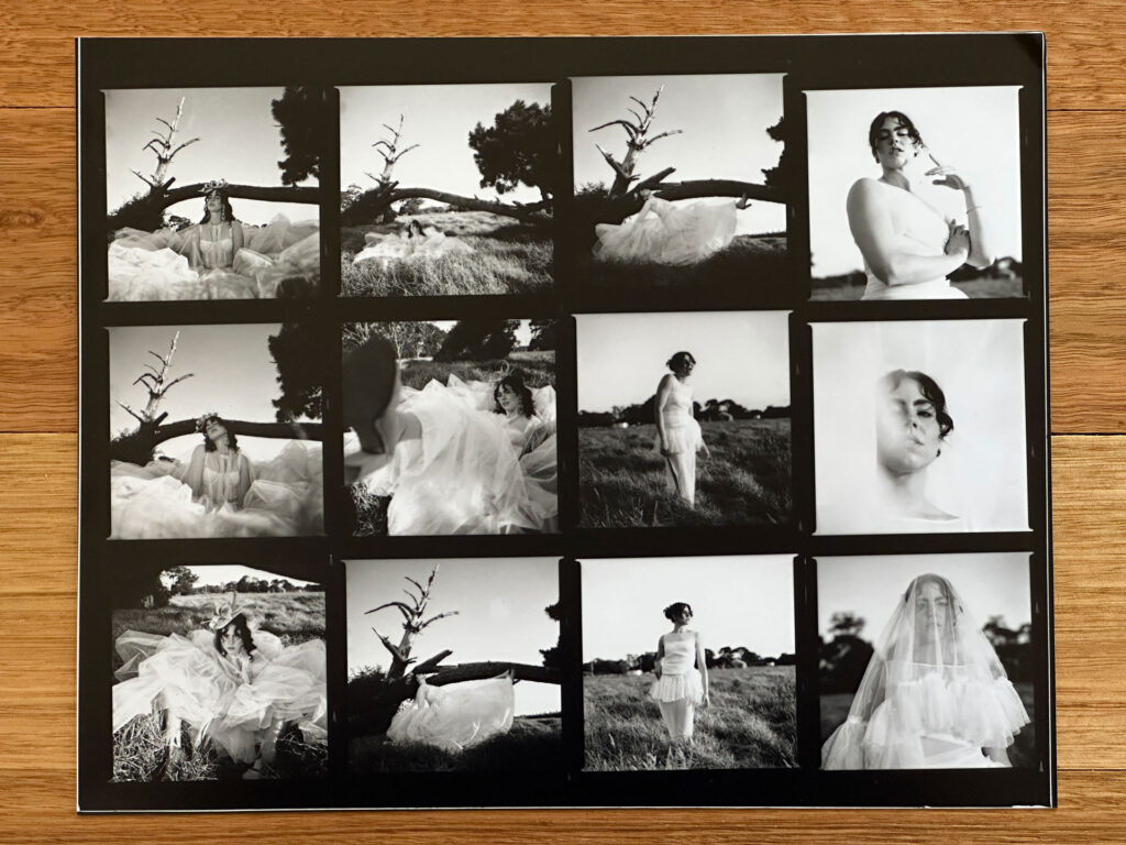 darkroom printed contact sheet from using ilford fp4 for fashion